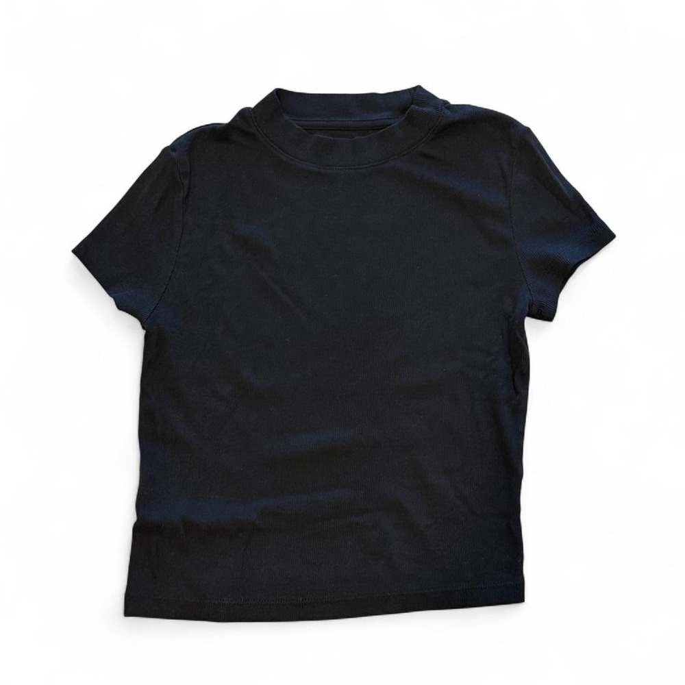 A New Day Womens Black Ribbed Mock Neck Tee Short Sleeve T-Shirt XS